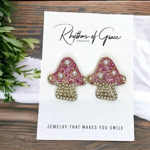 Sparkle & Fungi: Adorable Pink Rhinestone Mushroom Earrings! NWT
